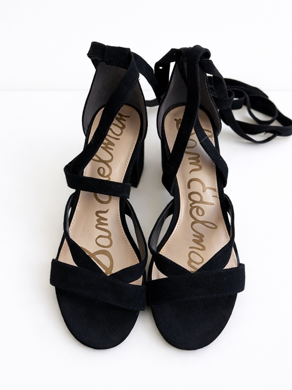 Sam Edelman Suede Lace-Up Block Heel Sandals Black Size 7 Strappy Wrap Heels - Picture 4 of 6